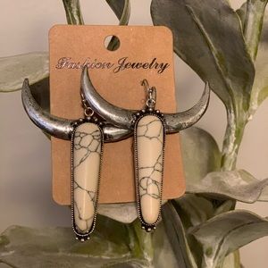 Silver White Stone Cow Earrings
